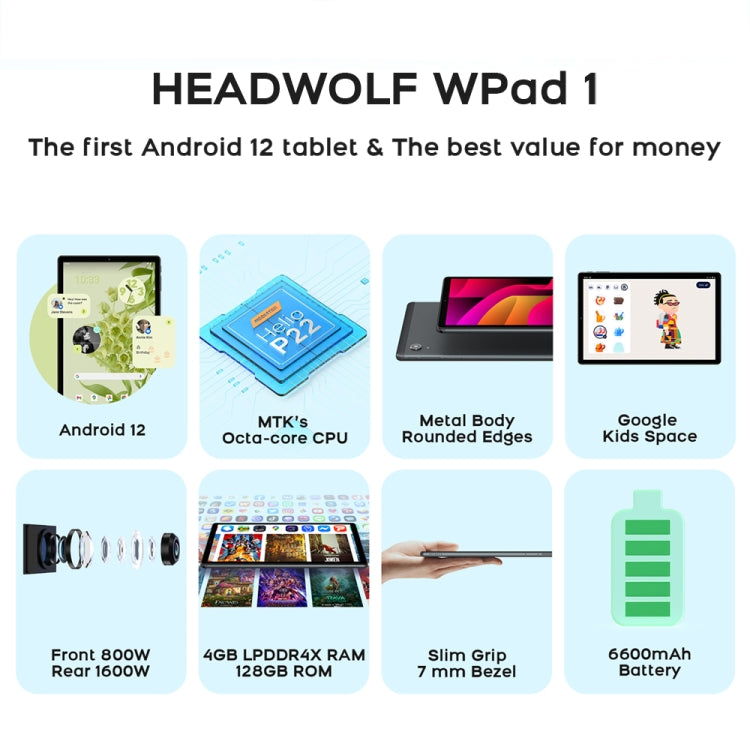 HEADWOLF Wpad1 4G LTE, 10.1 inch, 4GB+128GB, Android 12 MTK Helio P22 Octa Core up to 2.0GHz, Support Dual SIM & WiFi & Bluetooth, Global Version with Google Play, US Plug(Space Grey) - Other by HEADWOLF | Online Shopping South Africa | PMC Jewellery