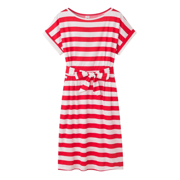 Slim-fit Waist Slimming Round Neck Striped Belt Dress (Color:Thick Red Size:S) - Dress by PMC Jewellery | Online Shopping South Africa | PMC Jewellery