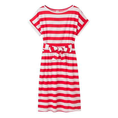 Slim-fit Waist Slimming Round Neck Striped Belt Dress (Color:Thick Red Size:S) - Dress by PMC Jewellery | Online Shopping South Africa | PMC Jewellery