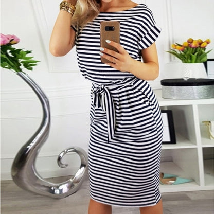 Slim-fit Waist Slimming Round Neck Striped Belt Dress (Color:Pinstripe Black Size:S) - Dress by PMC Jewellery | Online Shopping South Africa | PMC Jewellery